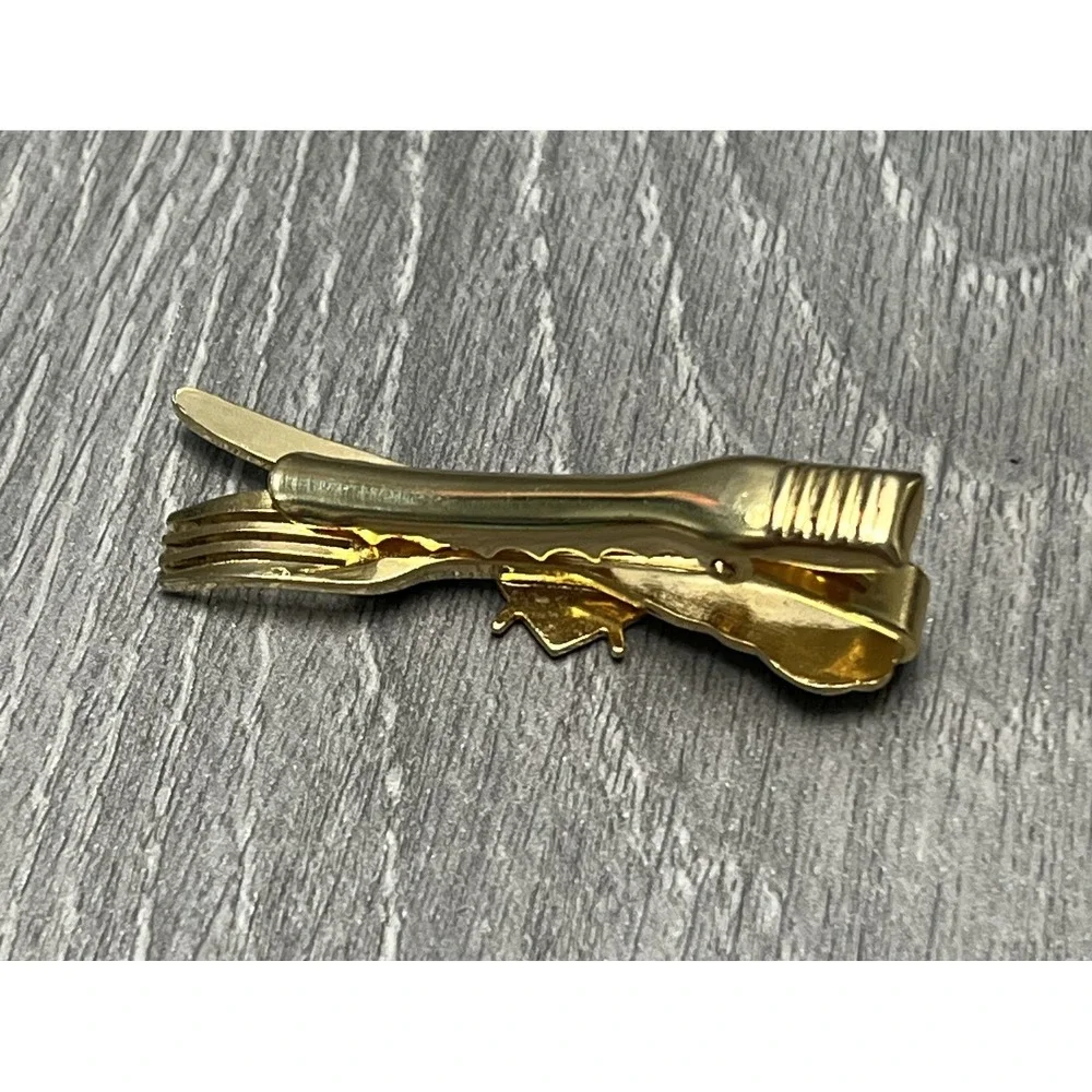 Masonic Square & Compass Tie Clasp Clip Gold Tone Fork Knife Dinner Theme‎ Men's